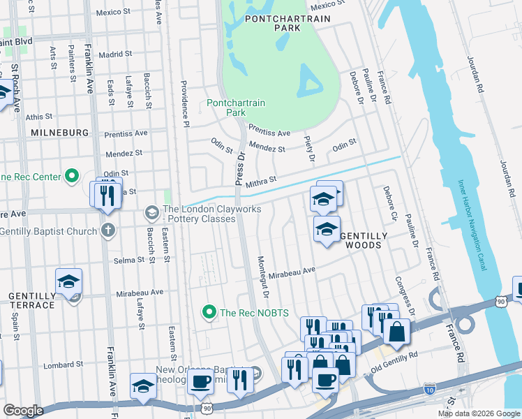 map of restaurants, bars, coffee shops, grocery stores, and more near 4225 Dreux Avenue in New Orleans