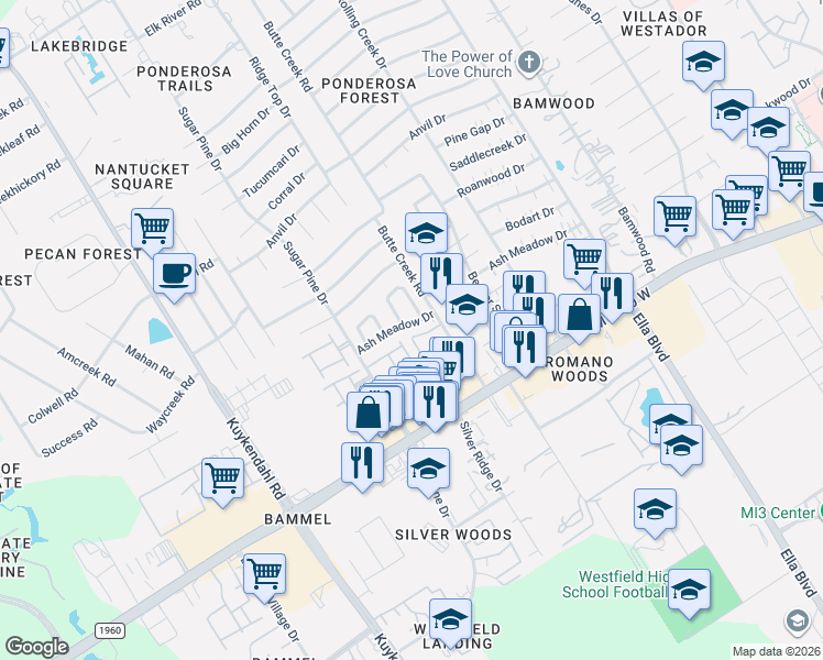 map of restaurants, bars, coffee shops, grocery stores, and more near 1811 Ash Meadow Drive in Houston