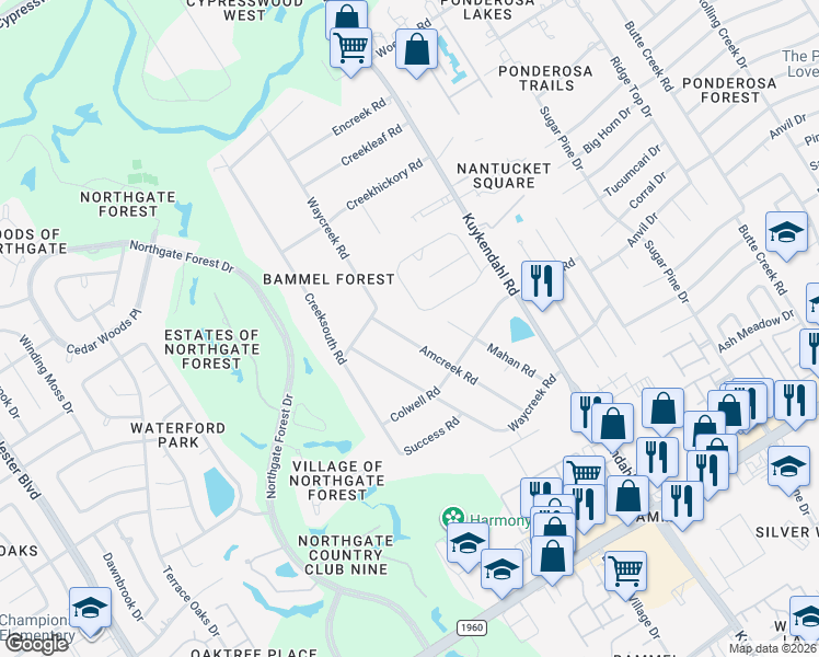 map of restaurants, bars, coffee shops, grocery stores, and more near 16510 Amcreek Road in Houston
