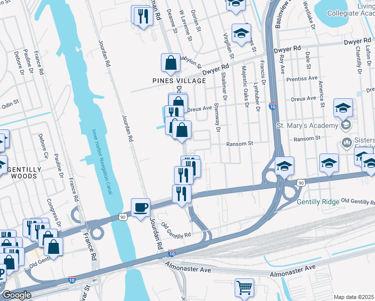 map of restaurants, bars, coffee shops, grocery stores, and more near 4217 Downman Road in New Orleans