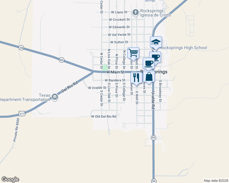 map of restaurants, bars, coffee shops, grocery stores, and more near 309 South Price Street in Rocksprings