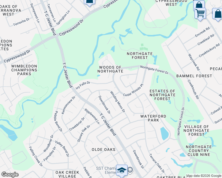 map of restaurants, bars, coffee shops, grocery stores, and more near 15714 Winding Moss Drive in Houston