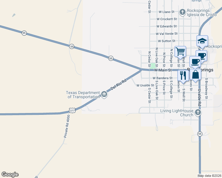 map of restaurants, bars, coffee shops, grocery stores, and more near 810 U.S. 377 in Rocksprings