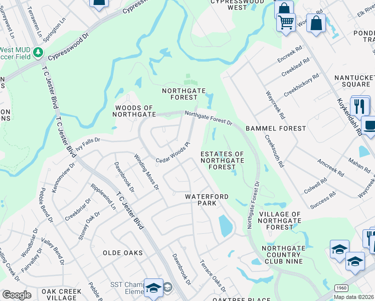 map of restaurants, bars, coffee shops, grocery stores, and more near 2915 Cedar Woods Place in Houston