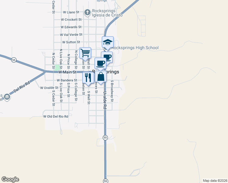map of restaurants, bars, coffee shops, grocery stores, and more near 304 Broadway Street in Rocksprings