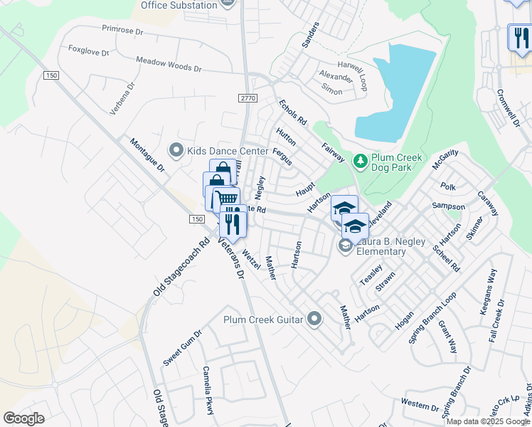 map of restaurants, bars, coffee shops, grocery stores, and more near 218 Witte Road in Kyle