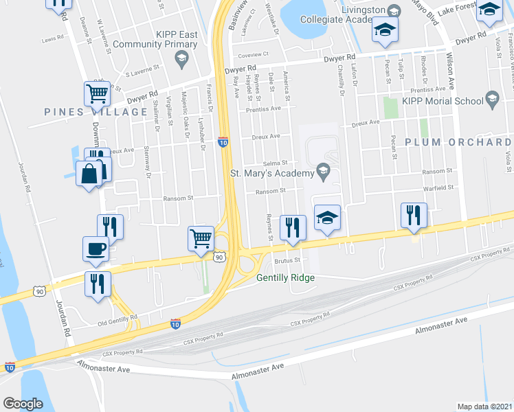 map of restaurants, bars, coffee shops, grocery stores, and more near 4348 Reynes Street in New Orleans