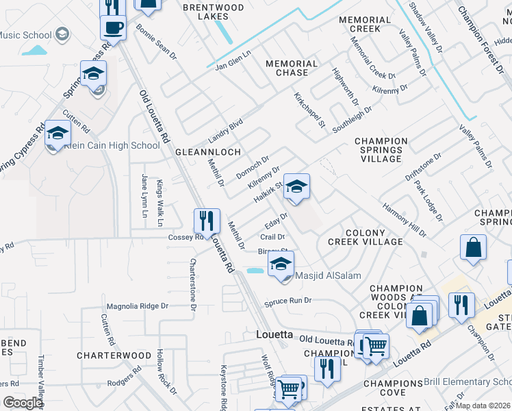 map of restaurants, bars, coffee shops, grocery stores, and more near 9615 Halkirk Street in Spring