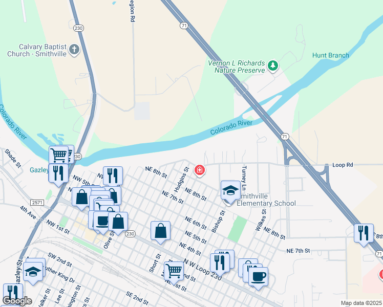 map of restaurants, bars, coffee shops, grocery stores, and more near 501 Colorado Street in Smithville