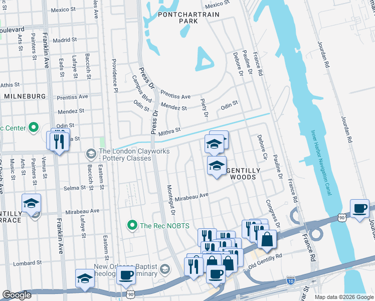 map of restaurants, bars, coffee shops, grocery stores, and more near 4400 Dreux Avenue in New Orleans