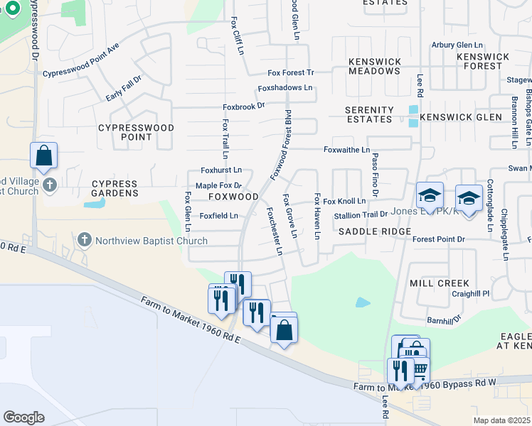 map of restaurants, bars, coffee shops, grocery stores, and more near 20215 Foxchester Lane in Humble