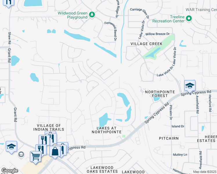 map of restaurants, bars, coffee shops, grocery stores, and more near Northpointe Ridge Lane in Cypress
