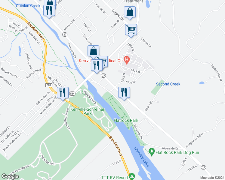 map of restaurants, bars, coffee shops, grocery stores, and more near Tucker Street in Kerrville