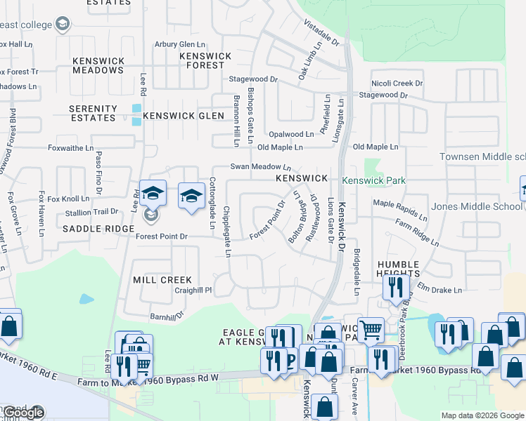 map of restaurants, bars, coffee shops, grocery stores, and more near 8314 Poplar Ridge Lane in Humble