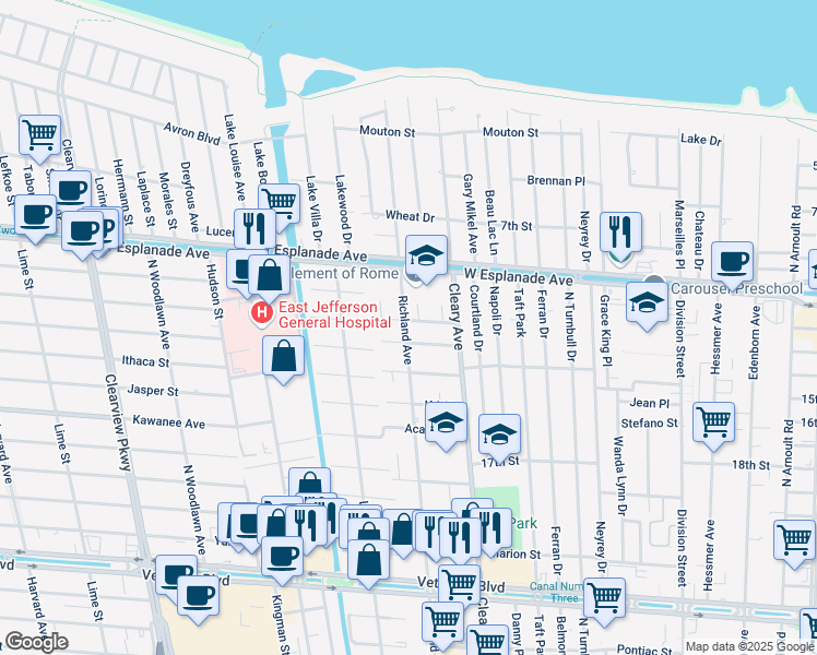 map of restaurants, bars, coffee shops, grocery stores, and more near 4209 Richland Avenue in Metairie