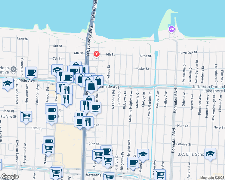 map of restaurants, bars, coffee shops, grocery stores, and more near 3549 Tolmas Drive in Metairie