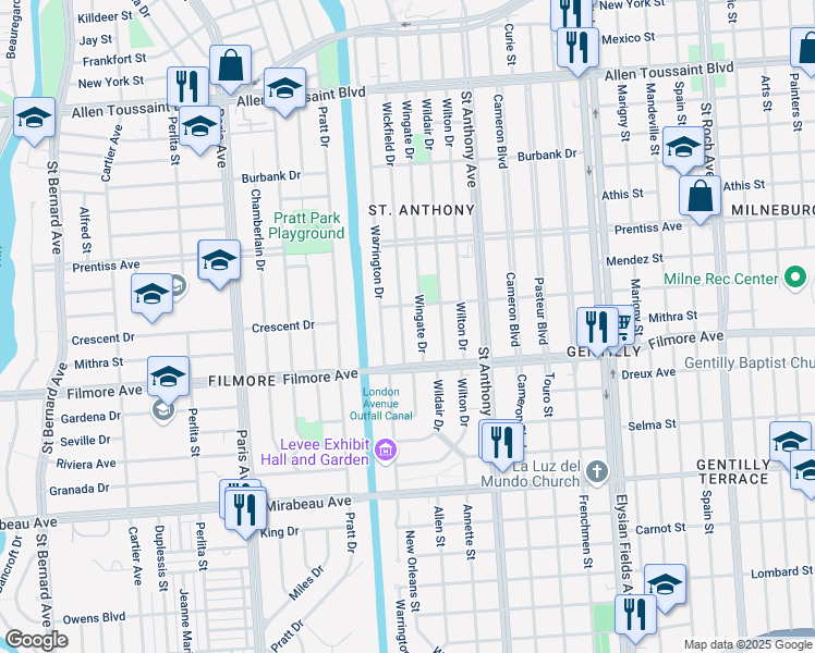 map of restaurants, bars, coffee shops, grocery stores, and more near 5317 Wingate Drive in New Orleans