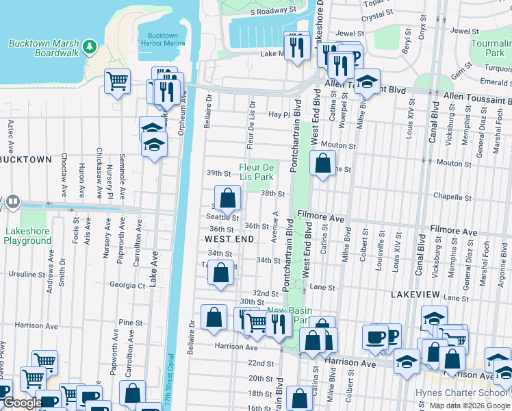 map of restaurants, bars, coffee shops, grocery stores, and more near 6655 Avenue B in New Orleans