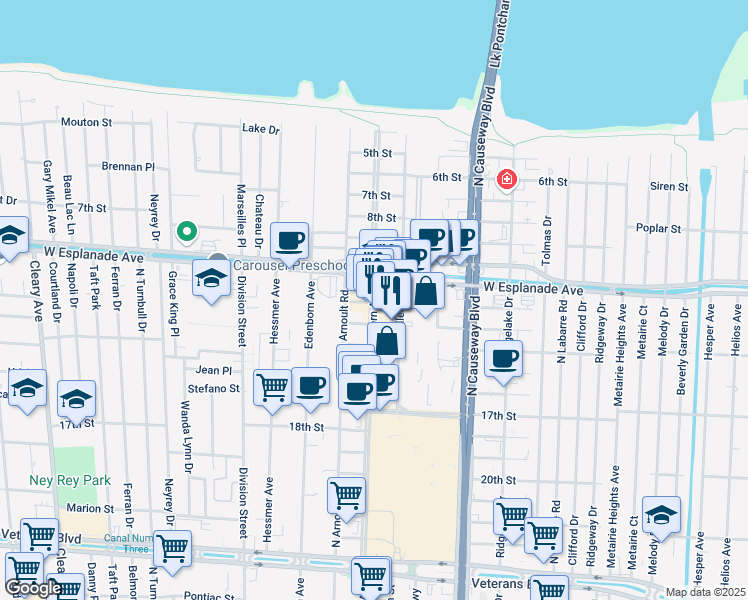 map of restaurants, bars, coffee shops, grocery stores, and more near 3535 Severn Avenue in Metairie