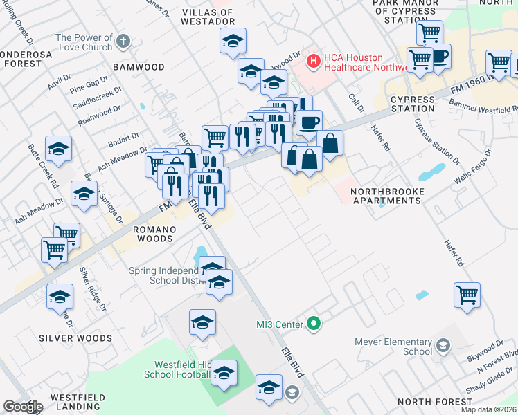 map of restaurants, bars, coffee shops, grocery stores, and more near Nanes Dr in Houston