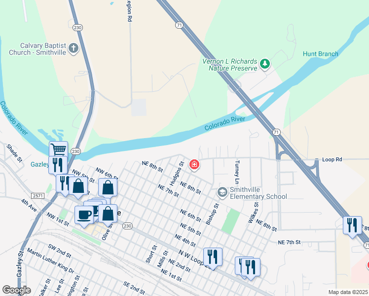 map of restaurants, bars, coffee shops, grocery stores, and more near 501 Colorado Street in Smithville