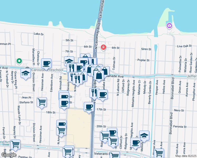 map of restaurants, bars, coffee shops, grocery stores, and more near 3525 North Causeway Boulevard in Metairie