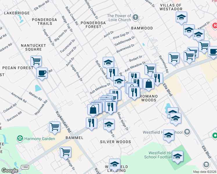 map of restaurants, bars, coffee shops, grocery stores, and more near 1811 Ash Meadow Drive in Houston