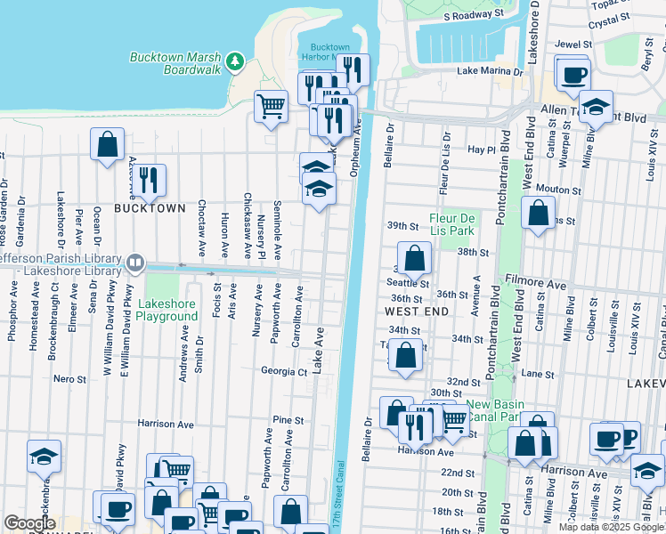 map of restaurants, bars, coffee shops, grocery stores, and more near 115 West Esplanade Avenue in Metairie
