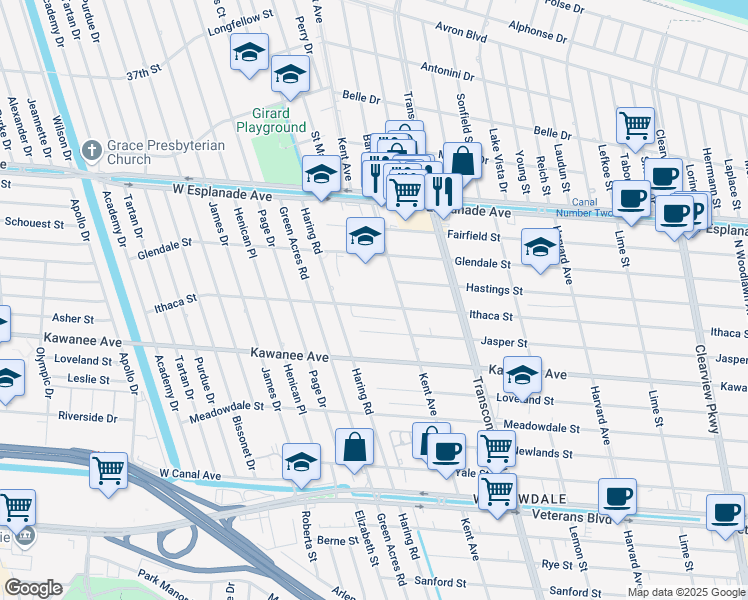 map of restaurants, bars, coffee shops, grocery stores, and more near 5225 Ithaca Street in Metairie