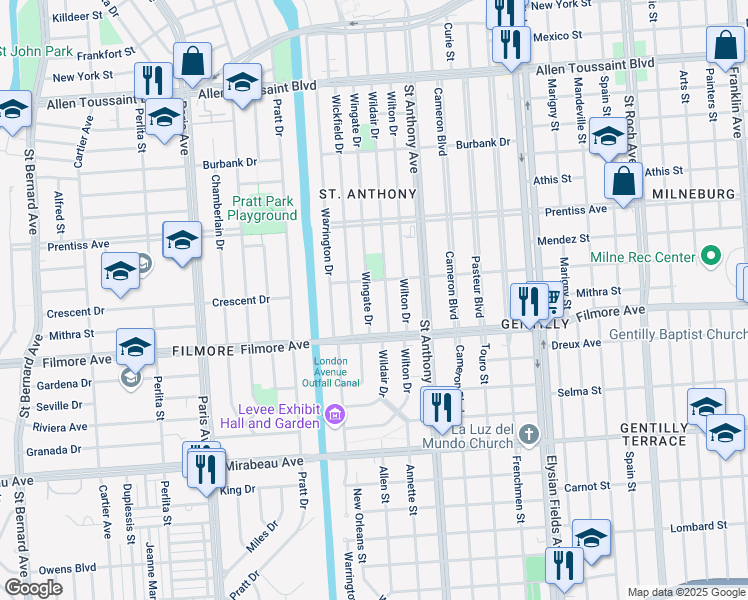 map of restaurants, bars, coffee shops, grocery stores, and more near 5317 Wingate Drive in New Orleans