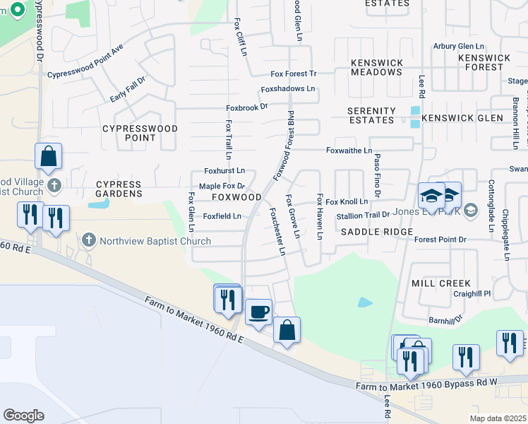 map of restaurants, bars, coffee shops, grocery stores, and more near 20215 Foxchester Lane in Humble