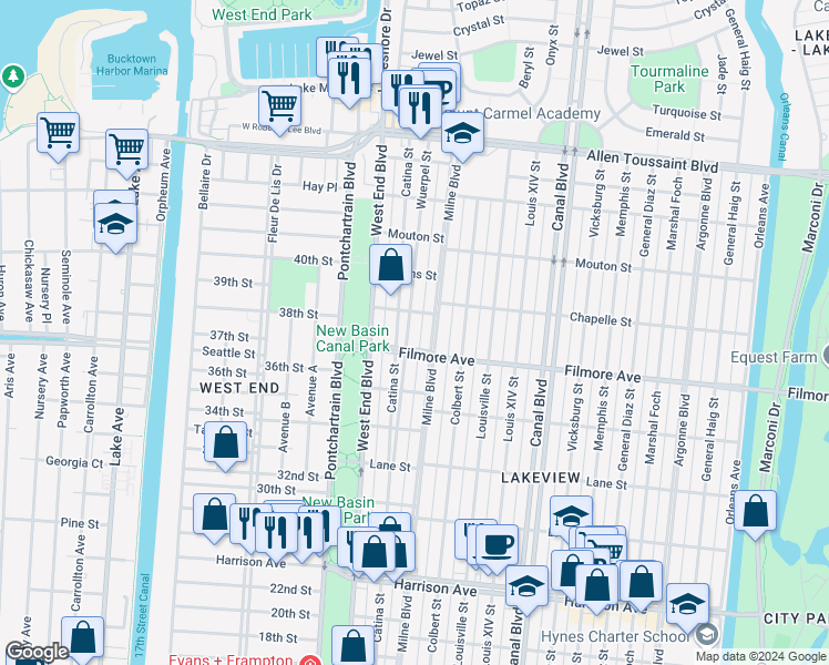 map of restaurants, bars, coffee shops, grocery stores, and more near 6729 Wuerpel Street in New Orleans