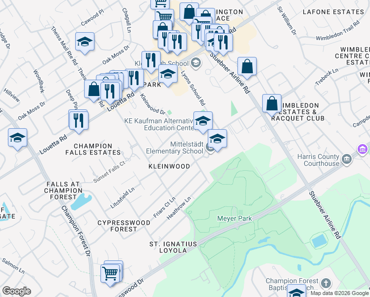 map of restaurants, bars, coffee shops, grocery stores, and more near 7611 Litchfield Lane in Spring