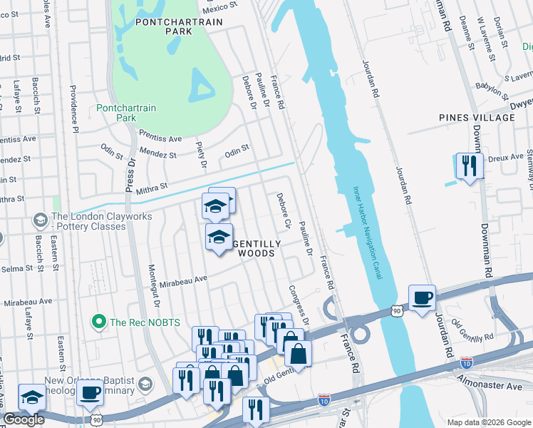 map of restaurants, bars, coffee shops, grocery stores, and more near 5010 Congress Drive in New Orleans