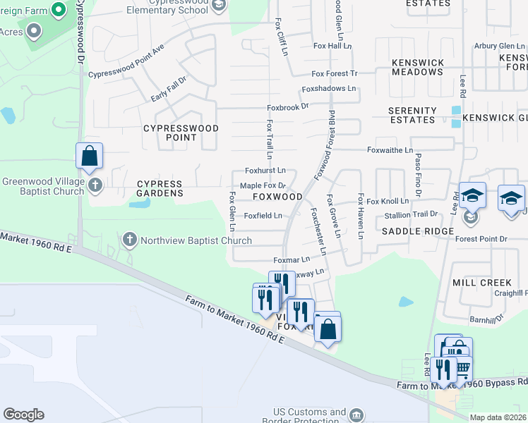 map of restaurants, bars, coffee shops, grocery stores, and more near 7007 Foxfield Lane in Humble