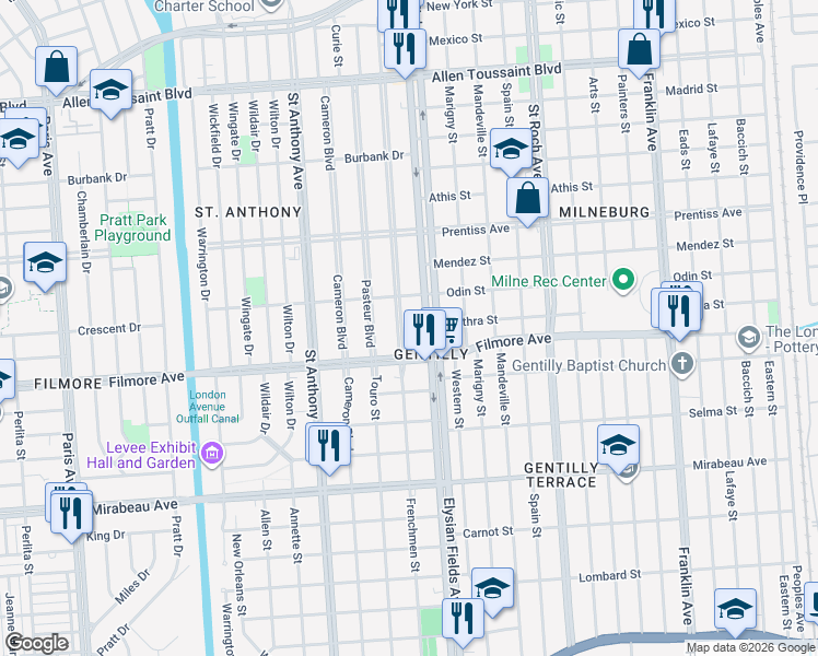 map of restaurants, bars, coffee shops, grocery stores, and more near 5343 Vermillion Blvd in New Orleans