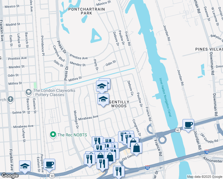 map of restaurants, bars, coffee shops, grocery stores, and more near 5136 Desire Drive in New Orleans