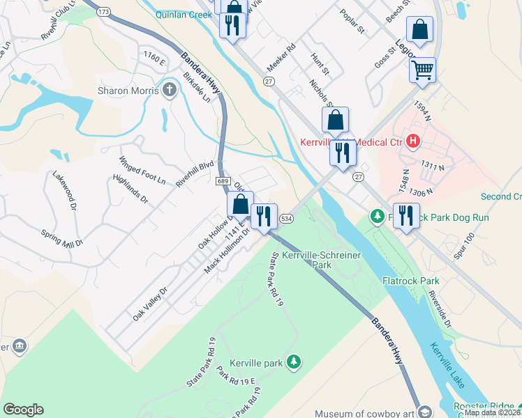map of restaurants, bars, coffee shops, grocery stores, and more near 2141 Old Ranch Road in Kerrville