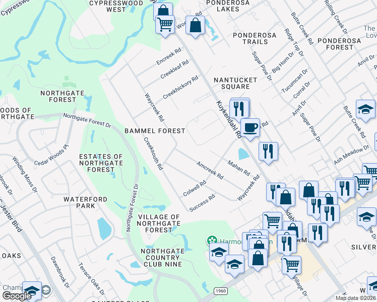 map of restaurants, bars, coffee shops, grocery stores, and more near 16510 Amcreek Road in Houston