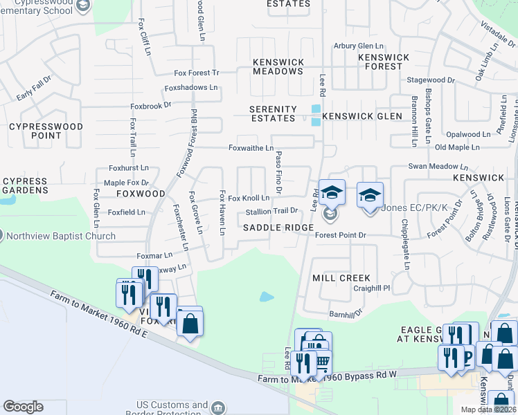 map of restaurants, bars, coffee shops, grocery stores, and more near 7511 Stallion Trail Drive in Humble