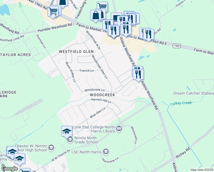map of restaurants, bars, coffee shops, grocery stores, and more near 3110 Birch Park Lane in Houston