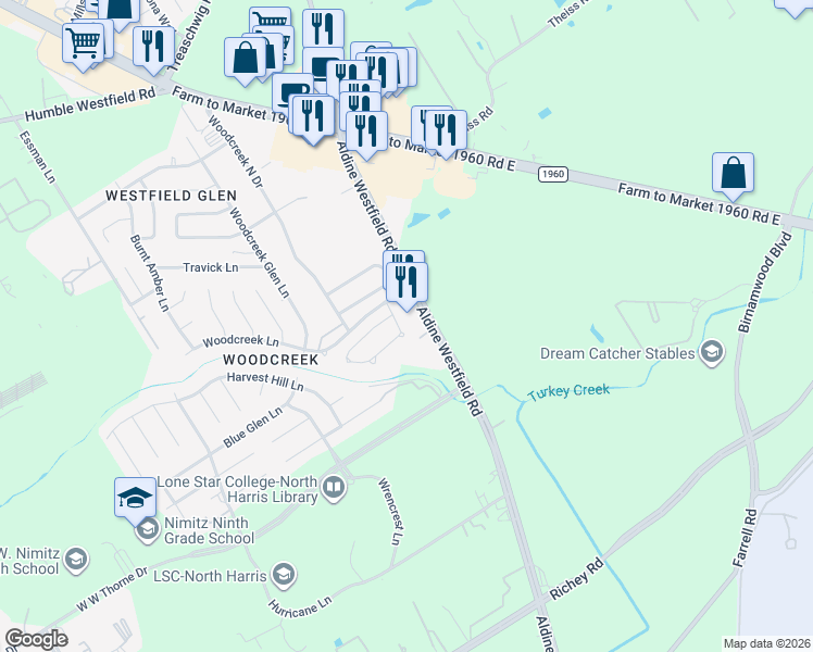 map of restaurants, bars, coffee shops, grocery stores, and more near 20610 Thorne Haven Drive in Houston