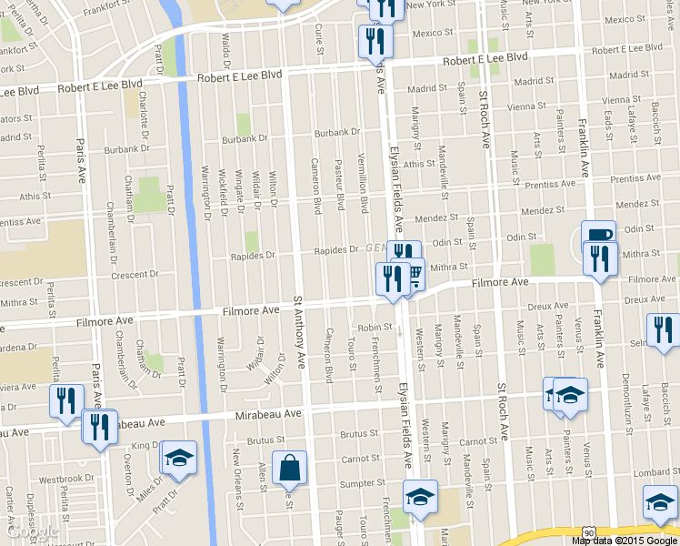 map of restaurants, bars, coffee shops, grocery stores, and more near 5332 Pasteur Boulevard in New Orleans
