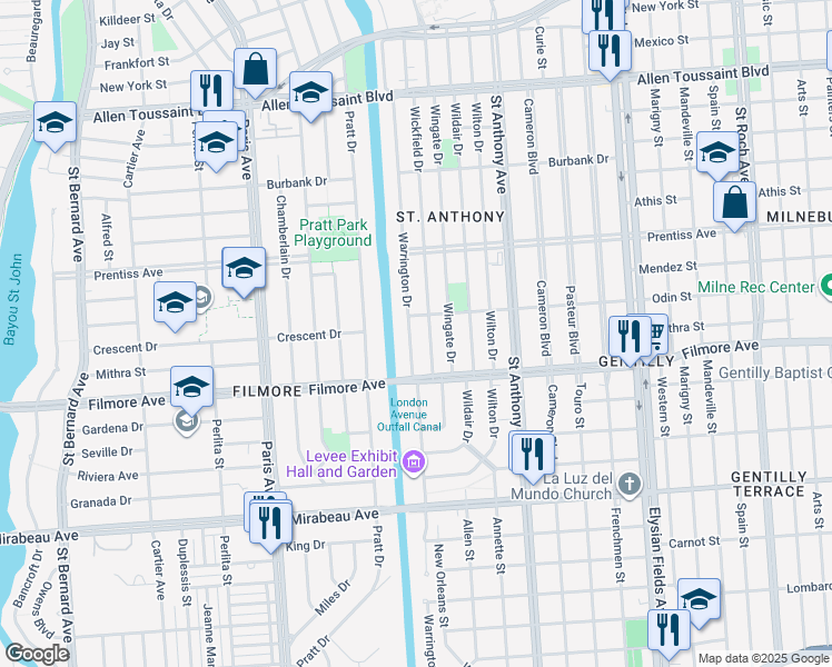 map of restaurants, bars, coffee shops, grocery stores, and more near 5319 Warrington Drive in New Orleans