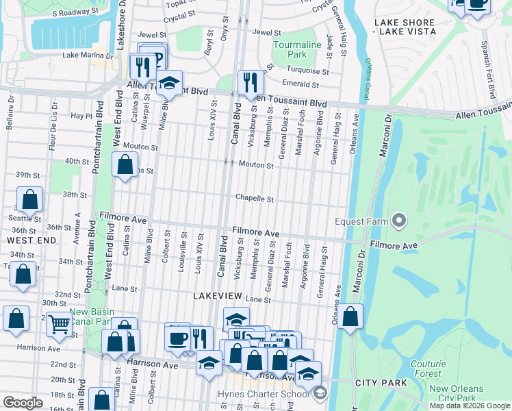 map of restaurants, bars, coffee shops, grocery stores, and more near 6764 Memphis Street in New Orleans