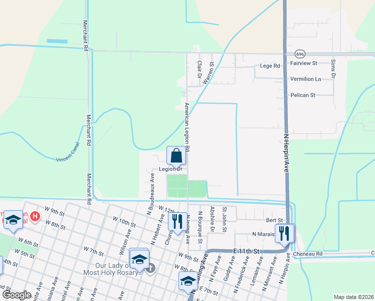 map of restaurants, bars, coffee shops, grocery stores, and more near 1607 American Legion Road in Kaplan