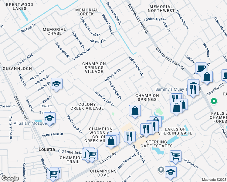map of restaurants, bars, coffee shops, grocery stores, and more near 17139 Park Lodge Drive in Spring