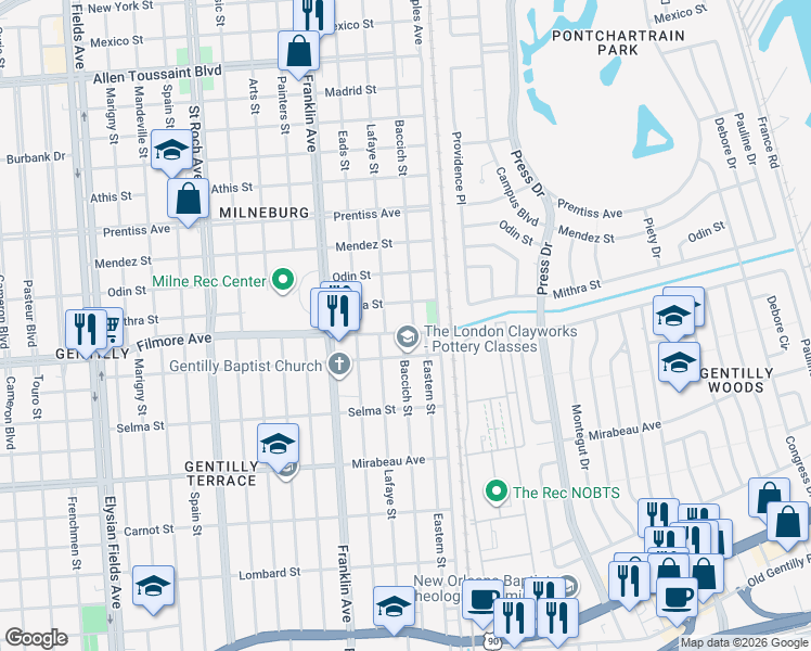 map of restaurants, bars, coffee shops, grocery stores, and more near 2737 Filmore Avenue in New Orleans