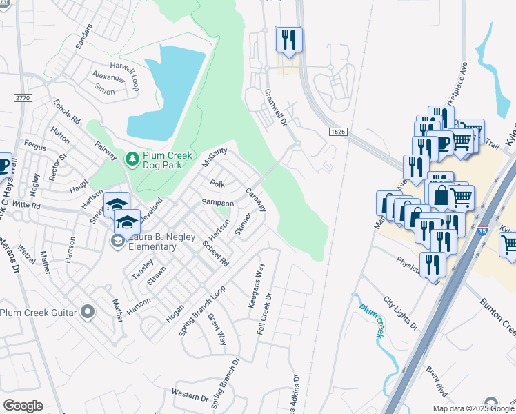 map of restaurants, bars, coffee shops, grocery stores, and more near 301 Skinner in Kyle