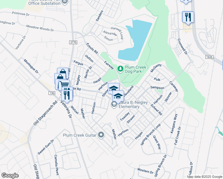 map of restaurants, bars, coffee shops, grocery stores, and more near 6058 Steiner Road in Kyle